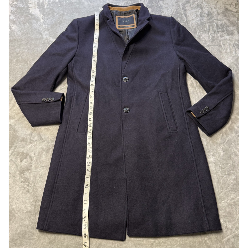 ZARA Mens Navy Blue Wool Blend Overcoat Jacket Peacoat 2 front Button Sz Large - Picture 5 of 13